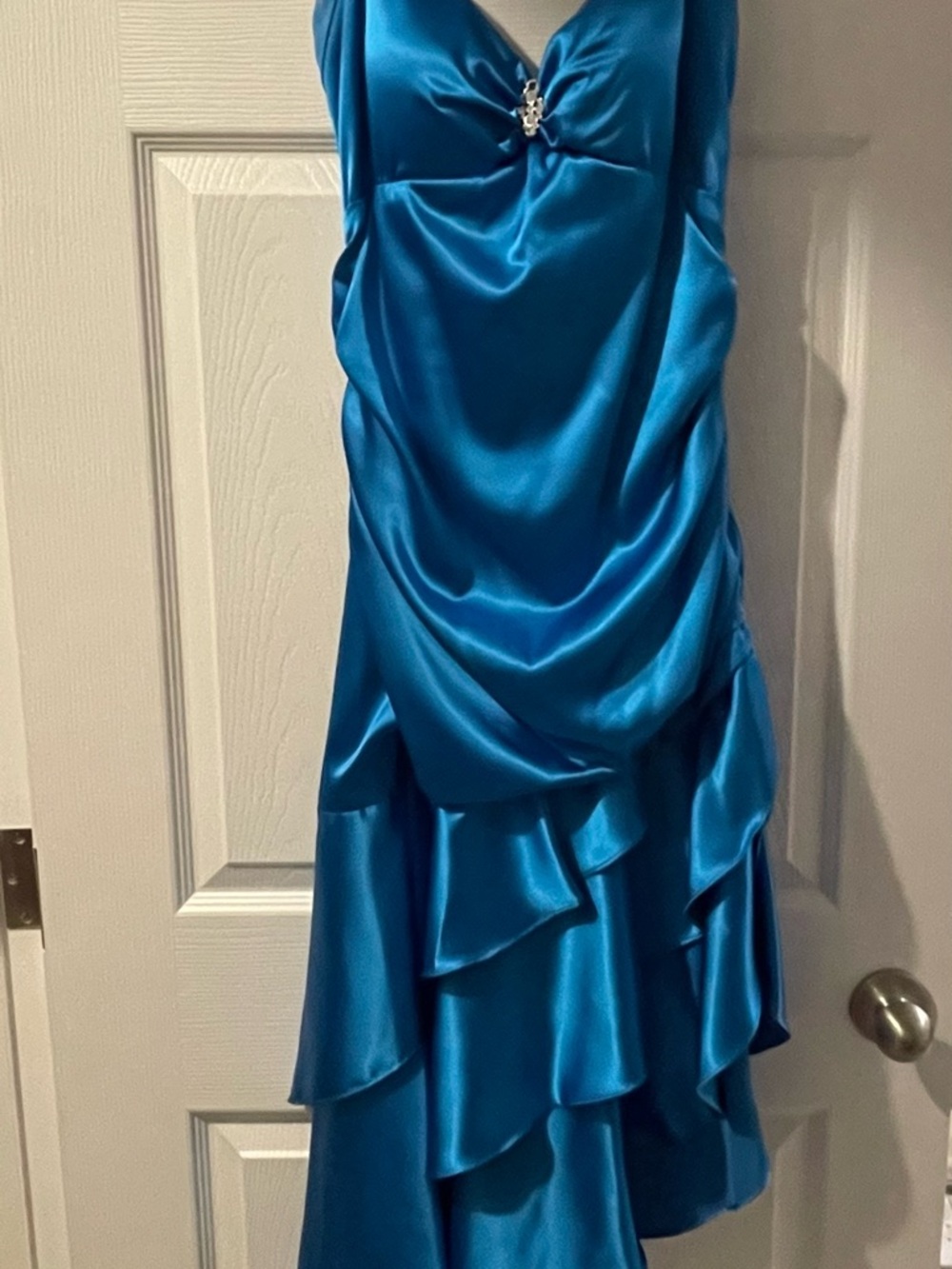 Blondie Nites Shiny Teal Blue Satin Bow Dress with Rhinestone Cluster